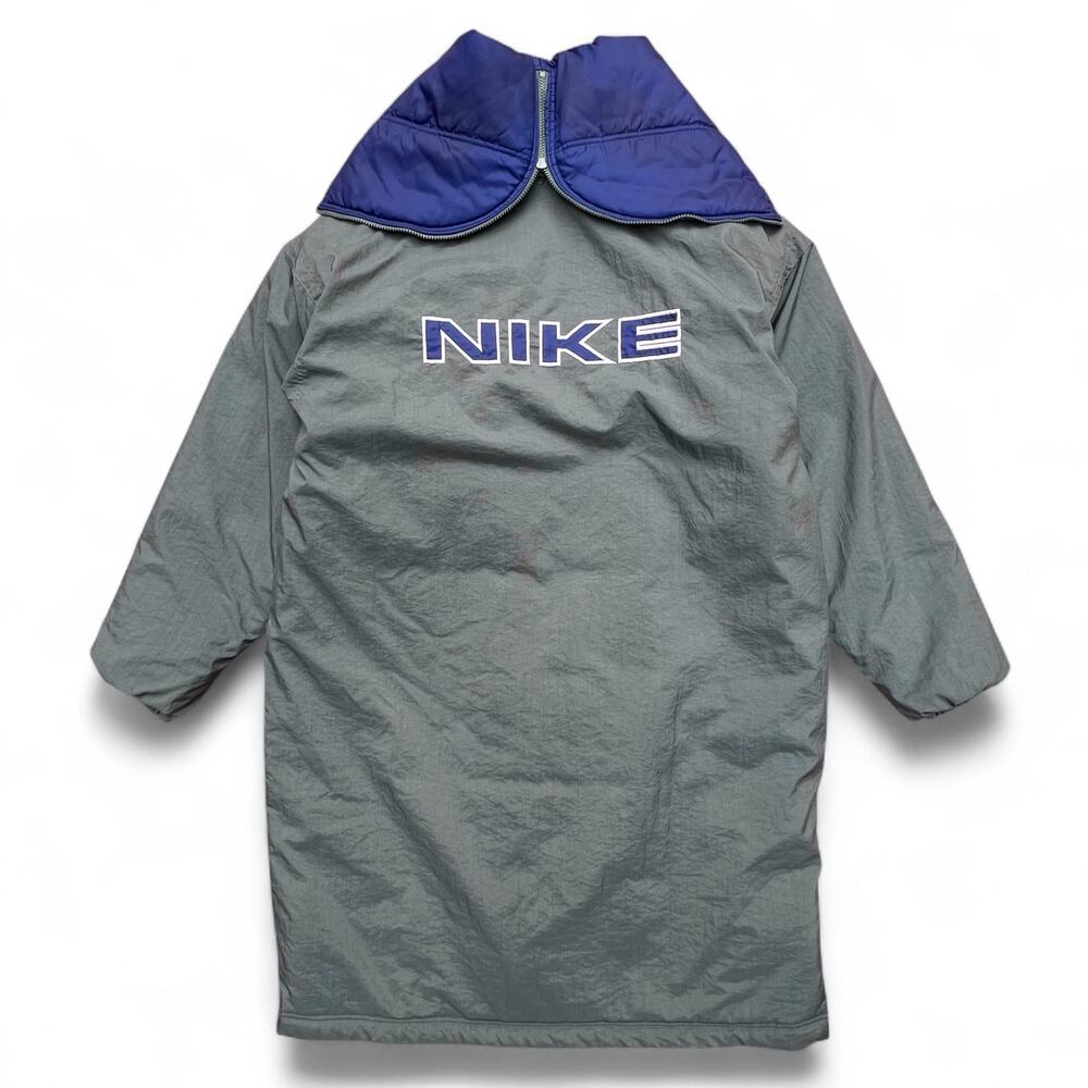 Vintage Nike Swoosh Split Hooded Long Puffer Jacket Parka Coat Green Navy L 90s